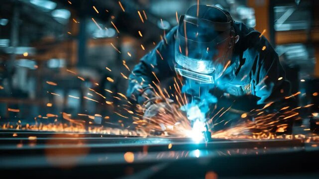 Industrial welding process with glowing sparks
