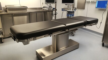 Stainless steel operating table with a comfortable mattress and flexible position adjustments in a...