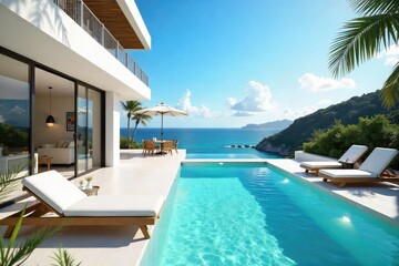 Fototapeta premium Luxurious holiday villa with private pool and stunning ocean views Perfect for a relaxing getaway or family vacation Enjoy the sun-drenched terrace and outdoor living space , sun, house