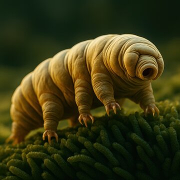 Macro of a golden tardigrade walking across green moss. AI-generated.