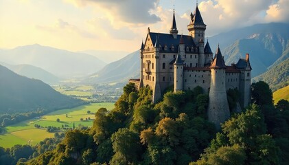 Fototapeta premium Majestic medieval castle perched atop a hill, overlooking a sprawling landscape, bathed in golden sunlight Ancient stone walls, crenellations, towers, and breathtaking views , imposing, medieval