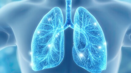 Digital illustration of human lungs in a blue, glowing, and anatomical depiction