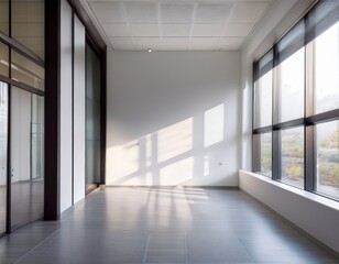 Fototapeta premium bright natural light illuminates a wide empty white wall in a modern office hallway neutral tones clean minimalist design