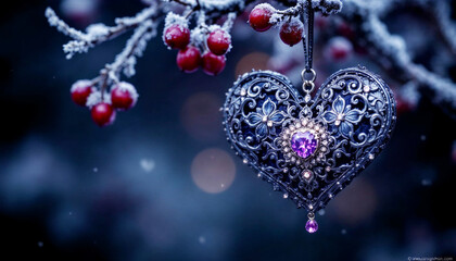 Intricate Metal Heart Hanging on a Winter Branch