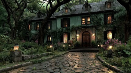 Fototapeta premium Enchanted Evening at the Mansion A Cozy Illuminated Estate Surrounded by Lush Gardens and Twi