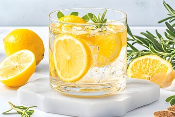 Refreshing Glass of Lemon Water with Citrus Slice, Healthy Drink for Daily Routine, Fitness, Exercise Recovery, and Detox, in Clean Studio Photography.