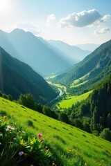 Obraz premium Serene valley scene bathed in morning sunlight Rolling green hills, lush vegetation, and a tranquil atmosphere Perfect for nature, travel, or environmental projects , fields, rural, holiday