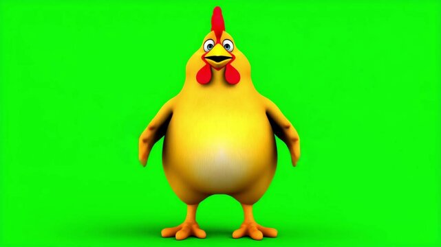 Animation chicken or rooster walks on green screen background. Farm animal, colorful bird. Rooster chicken chroma key. Copy space. Cute cartoon