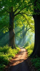 Fototapeta premium Sunlight dapples through the leaves in a Parisian forest, illuminating a path winding through ancient trees A peaceful, idyllic scene in the heart of the city , relaxation, shadows, Paris