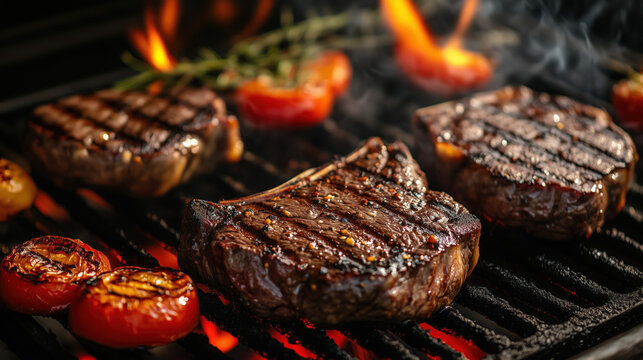 a close-up view of juicy steaks and vegetables sizzling on a barbecue grill with smoke and flames, perfect for summer food themes - Powered by Adobe