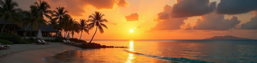 Tranquil sunrise over a luxurious resort, palm trees swaying gently in the warm breeze, reflecting the golden light on the calm ocean Perfect for travel brochures and websites , shimmering, escape