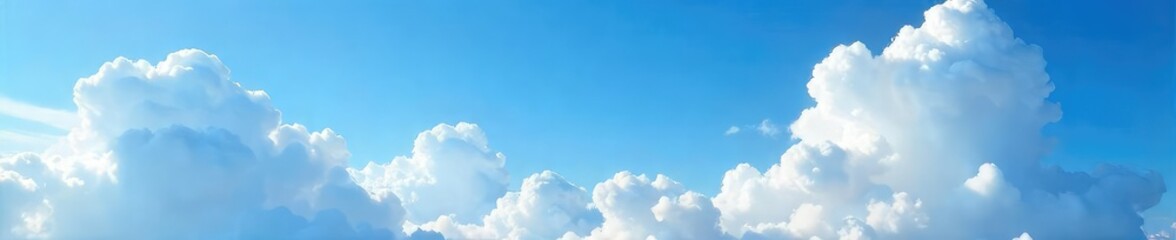 Vast, fluffy cumulus clouds drift across a brilliant blue summer sky, creating a breathtaking, serene landscape  Perfect for travel, nature, or weather-related projects ,  cloud formations,  horizon