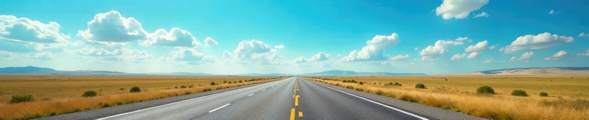 Vast highway stretching towards a clear blue sky, fluffy white clouds drift lazily overhead, sunlit landscape  Sense of freedom and open road ,  sunlight,  inspiring