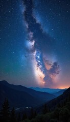 Vast, star-studded midnight sky blankets the landscape, a breathtaking panorama of celestial wonders  Perfect for astronomy, space travel, or nighttime serenity themes ,  tranquil,  texture