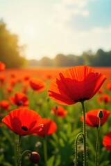 Vibrant red poppies bathed in warm sunlight, a field of bright blossoms on a clear day Perfect for summer, nature, and cheerful themes , colorful, texture