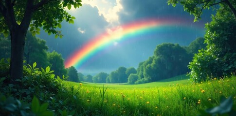 Vibrant rainbow streaks paint the sky during a summer downpour, glistening raindrops on lush green foliage A breathtaking display of nature's artistry , atmosphere, drops, foliage