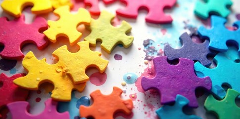 Vibrant, scattered jigsaw puzzle pieces in a rainbow of colors; a playful, abstract image perfect for backgrounds or creative projects ,  bright pattern,  bright puzzle