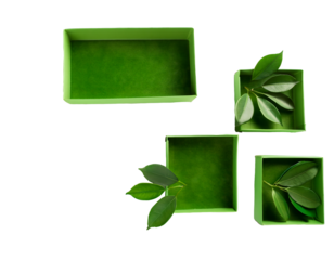 Green boxes and leaves promoting recycling on transparent background