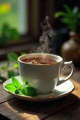 Warm cup of peppermint mint tea, steam rising, with fresh mint sprigs beside Perfect for a cozy autumn or winter evening Enjoy the soothing aroma and invigorating flavor , winter drink, home