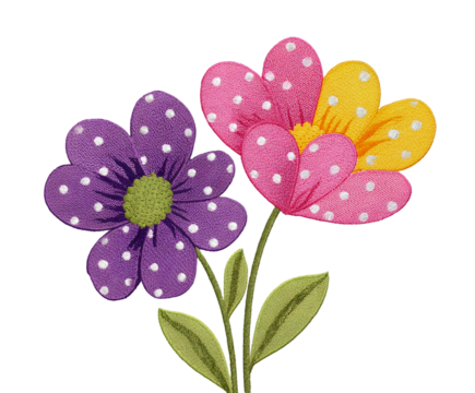 Vibrant embroidered flowers with polka dots on a Transparent background a delightful floral design perfect for textile projects and craft inspiration