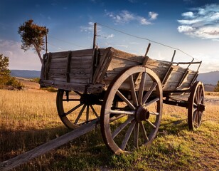 Fototapeta premium an old wooden wagon sitting in the middle of a field
