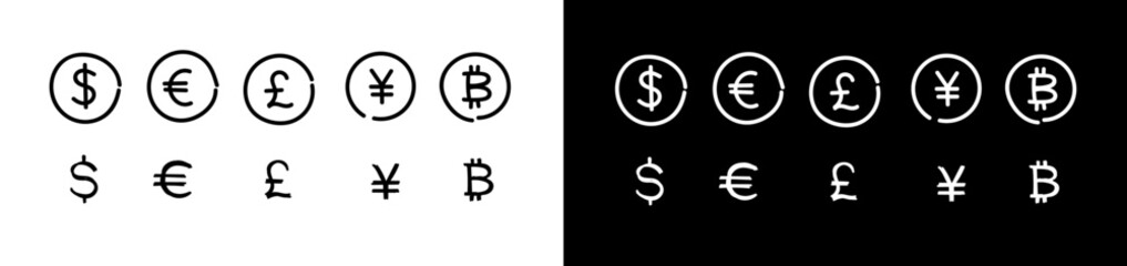 Doodle currency symbol icons set line. Money sign collection of currency icons. Dollar, Euro, British Pound, Chinese Yuan and Bitcoin symbol illustration.