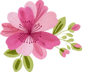 Delicate Pink Flower Embroidery Design Botanical Artwork with Green Leaves on Transparent Background Perfect for Textile Printing