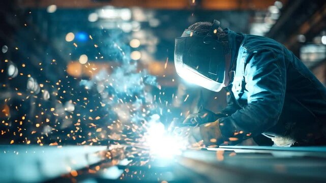 Welding sparks flying in industrial workshop
