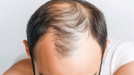 Fototapeta premium Bald man contemplating hair transplantation with a focused expression on a light background