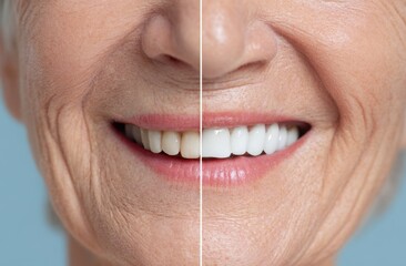 Elderly face shows dental before after effects