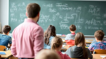 A friendly male teacher poses in his classroom with students in the background. - Powered by Adobe
