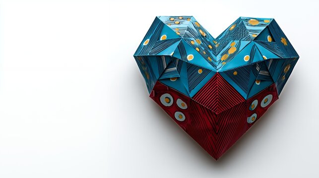 Colorful origami heart sculpture displaying intricate shweshwe patterns and vibrant Ndebele inspired colors on a clean background