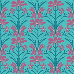 seamless floral pattern,background,tile and fabric patterns are created by combinining straight and curved lines toform branches,leaves,while the flowers are colored to create a simple,geometric shape