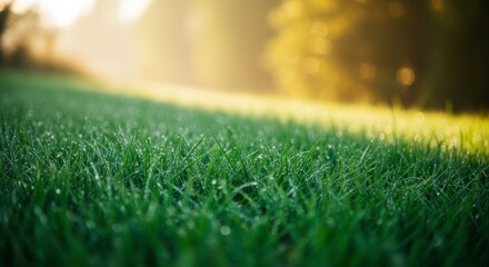 Naklejka premium Lush Emerald Green Grass with Sparkling Dew Drops Illuminated by Golden Morning Sunlight