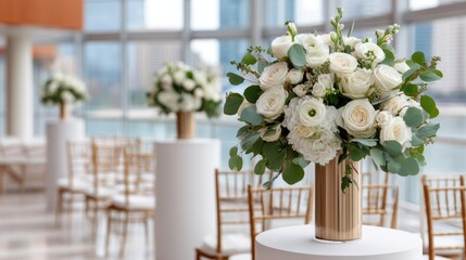 Beautiful tall floral stand featuring white roses, ranunculus, and eucalyptus, perfect for a wedding ceremony backdrop