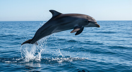 Fototapeta premium Dolphin jumping out of the ocean against a clear blue sky 
