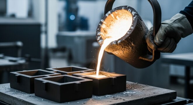 Gloved hand pouring molten metal into molds in a modern industrial foundry setting