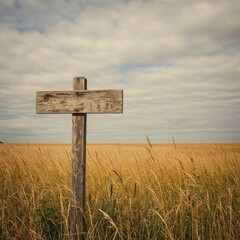 Weathered wooden pole with blank sign board in a golden field under a cloudy sky. Countryside landscape for nature concept.