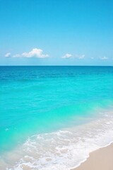 Vast expanse of turquoise ocean water meeting the horizon under a vibrant blue sky, waves gently lapping the shore Perfect for travel, nature, and ocean-themed projects , tranquil, sand