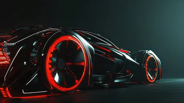 Futuristic sports car with glowing red rims.  Sleek, black design.  Aggressive lines