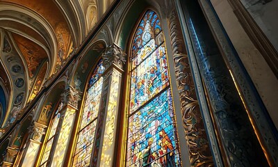 Ornate Stained Glass Windows in Gothic Architecture with Sunlight Golds Blues and Reds - Powered by Adobe