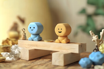 Cute Wooden Figures on Balance Scale with Coins Concept of Financial Risk and Reward