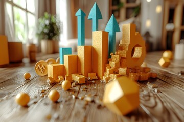 Rising Bar Graph with Arrows and Coins. Financial Growth and Investment Concept in 3D Render