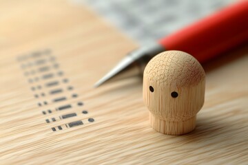 Minimal Wooden Robot Head with Checklist and Pencil on Wooden Table. AI Concept and Data Analysis Metaphor