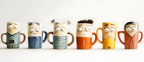 A collection of unique, characterful ceramic mugs, each displaying distinct facial expressions, perfect for adding personality to your kitchen or cafe.