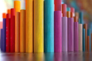 Colorful Wooden Cylinder Bar Chart. Creative Data Visualization and Growth Concept