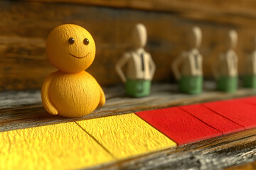 Smiling Wooden Figure Standing on Credit Rating Scale Concept of Risk Level, Financial Choice, and Individuality