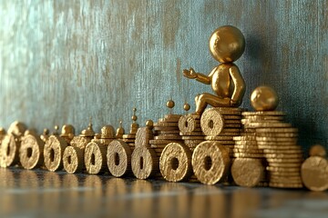 Golden Figure Sitting on Stacks of Coins. Concept of Wealth, Investment Strategy, and Financial Confidence