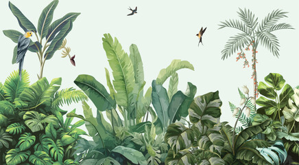 Tropical Green Leaves Illustration, Tropical Garden Mural Illustration, Wallpaper, Birds. © Sharif