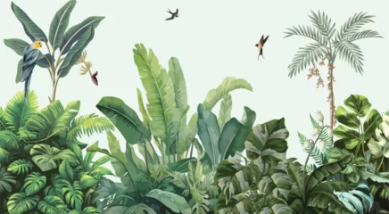 Photo sur Plexiglas Tropical Green Leaves Illustration, Tropical Garden Mural Illustration, Wallpaper, Birds.